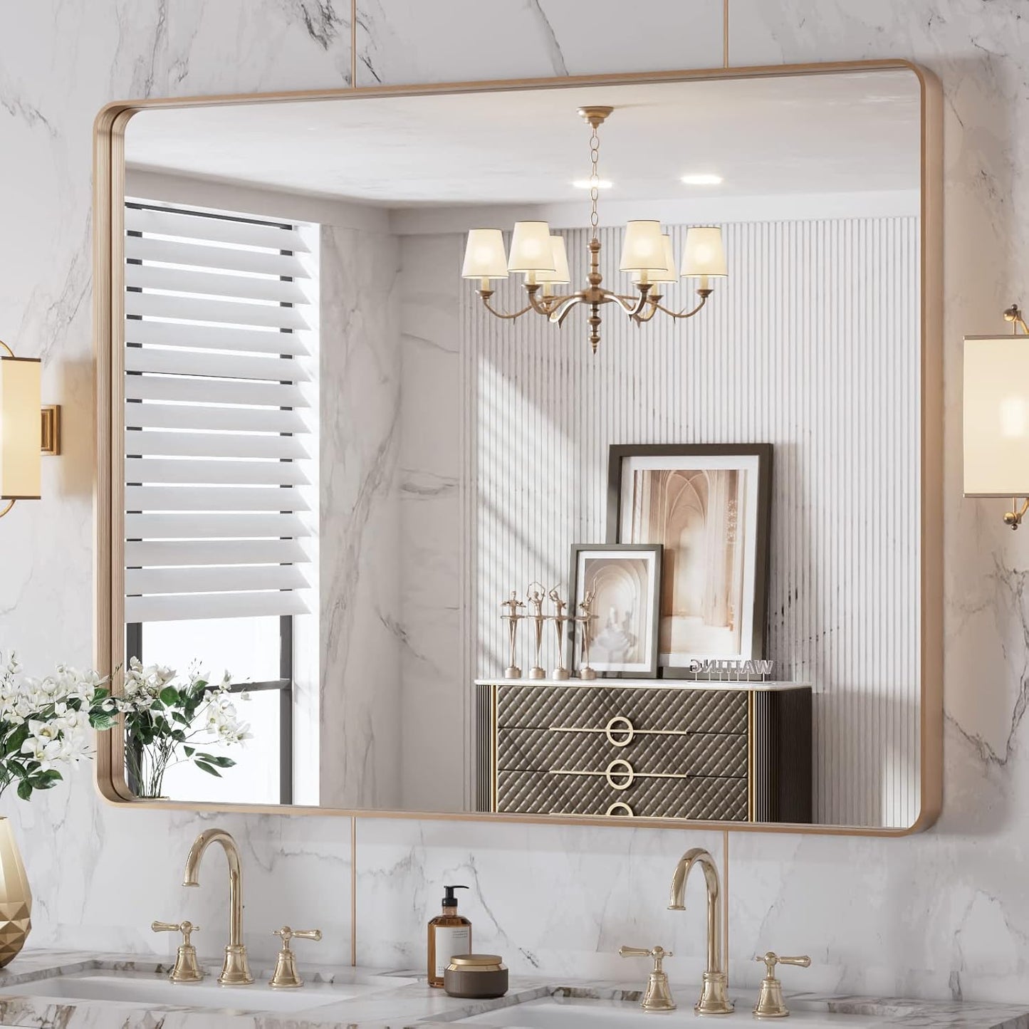 LOAAO Gold Bathroom Mirror - 40" X 32" Rounded Rectangle Design | Anti-Rust Tempered Glass, Wall-Mounted