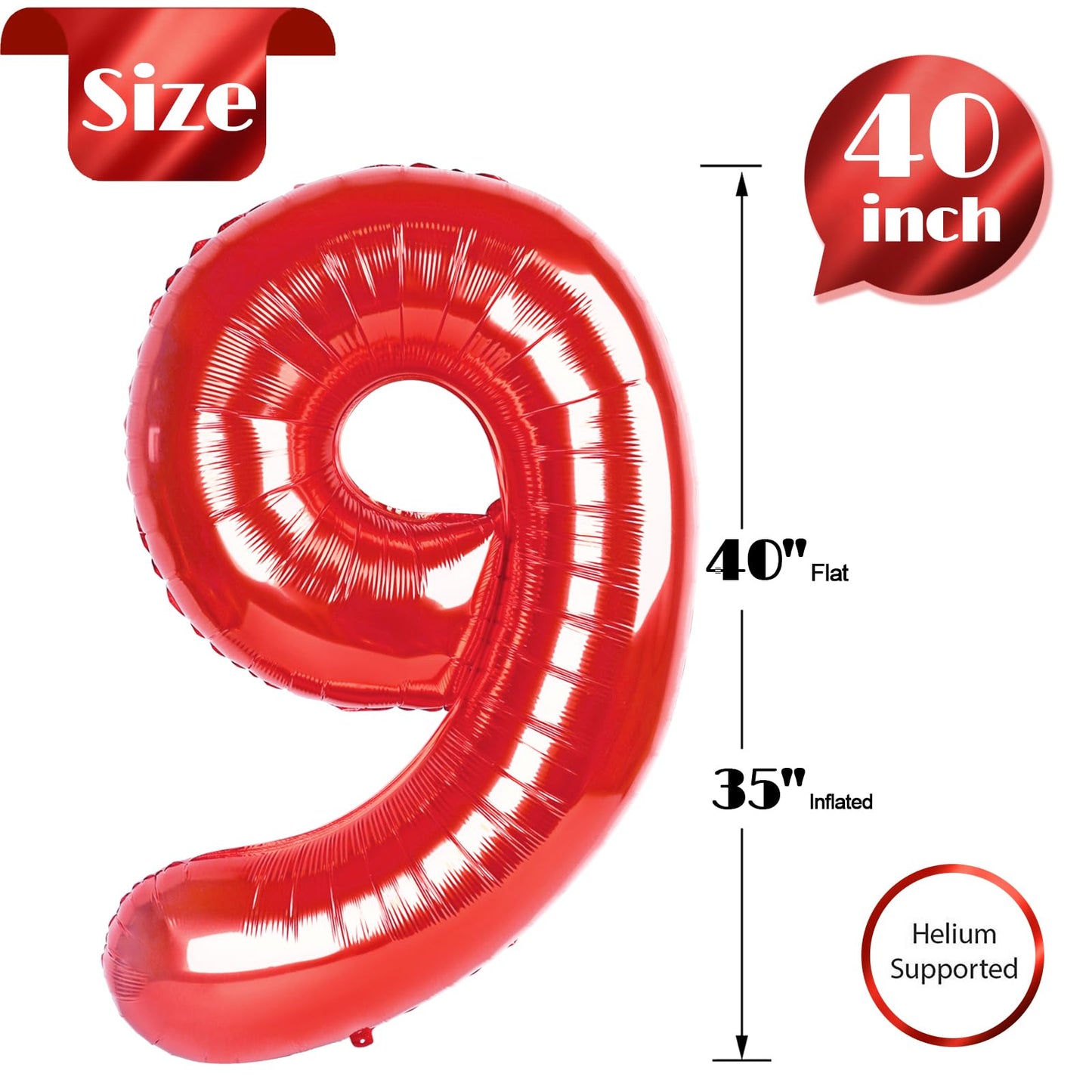 Red Number 9 Balloon 40 Inch, 9th Birthday Party Decorations for Children, Giant 9 Foil Balloon for Party Supplies