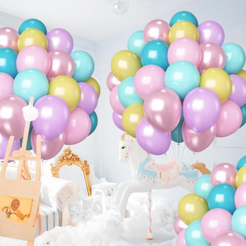 HILAVO Pastel Balloons - 60 Pcs Metallic Pink, Purple, Teal & Blue Latex Balloons for Birthday & Wedding Decor