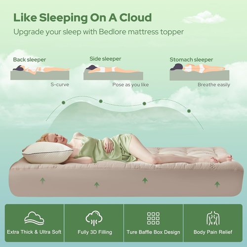 BEDLORE Full Size Mattress Topper - Thick Bamboo Viscose Pillow Top for 6"-15" Mattresses | Breathable Comfort & Back Pain Relief (Beige)