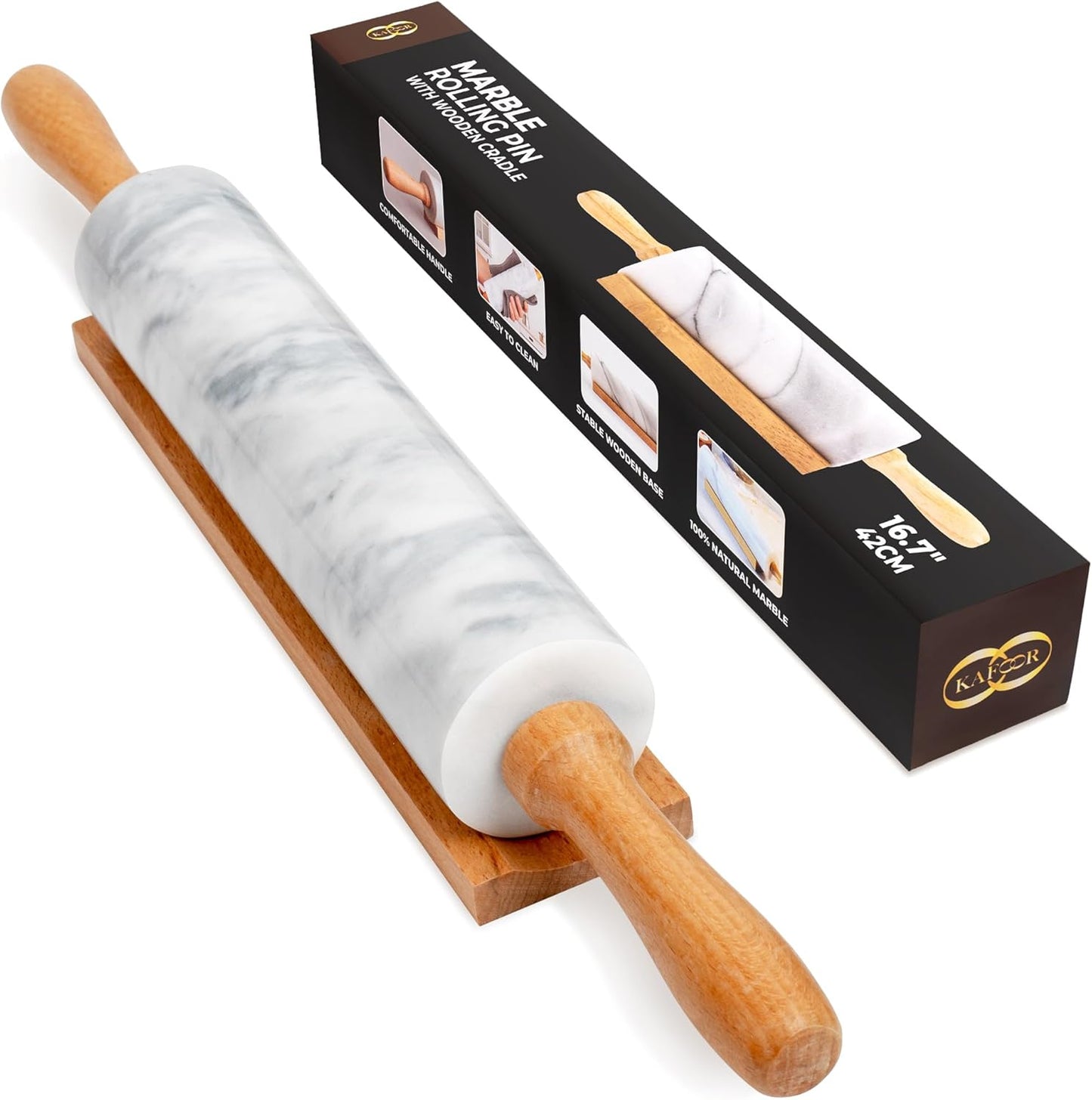 Skiennix Marble Rolling Pin - 16.7 Inches with Wooden Handles & Cradle | Perfect for Pizza Dough, Pasta, Cookies, and More!