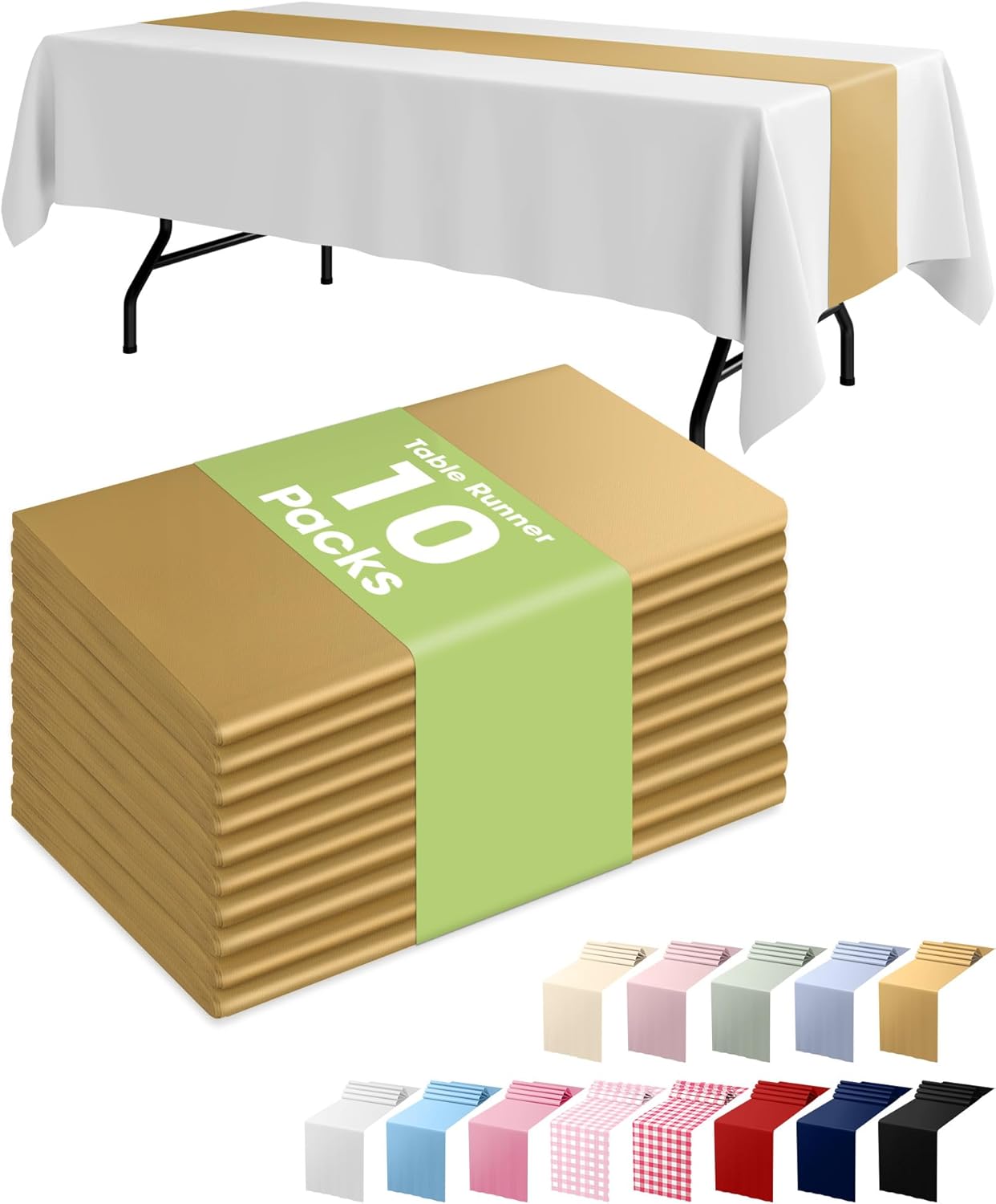 Pureegg Gold Plastic Table Runners - 10 Pack, 14'' x 108'', Water-Resistant & Disposable for Weddings, Parties, & Home Decor