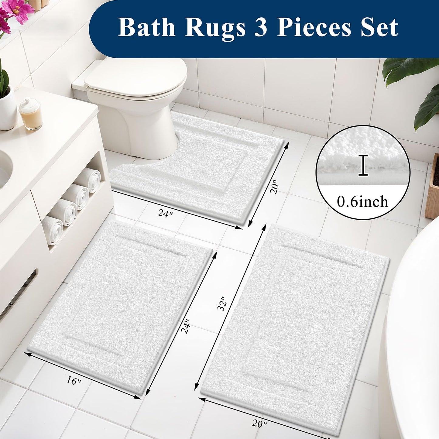 SHACOS White Bathroom Rugs Sets 3 Piece, 16"x24" + 20"x32" Non Slip Bath Mat and 20"x24" Toilet Rugs U Shaped Washable, Soft Fluffy Water Absorbent Bath Rugs for Bathroom