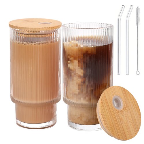 AiMQnLe Glass Cups with Bamboo Lids and Straws - 16 oz Reusable Iced Coffee Cups, Vintage Ribbed Drinking Glasses, To Go Tumbler for Juice, Beer, Coffee, Milk, Cocktail, Water (2 Pack)
