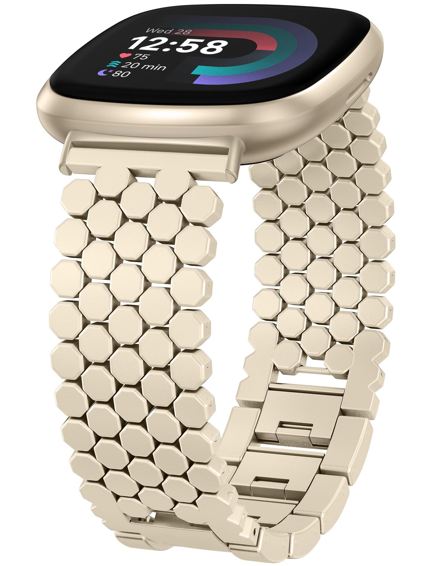 Minyee Metal Bands Compatible with Fitbit Sense 2/Versa 4/Versa 3/Sense Bands Women, Dressy Stainless Steel Chain Honeycomb Designer Fancy Gold Link Bracelet Wristband Replacement Strap for Sense 2