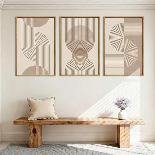 Anyzal Large Abstract Wall Art - Framed Boho Geometric Line Artwork | Minimalist Beige Painting Set of 3 (24''x36'') for Home & Office