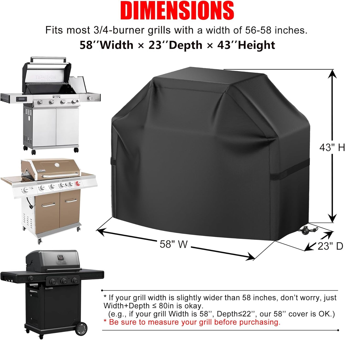 Skiennix 58-Inch BBQ Gas Grill Cover - Waterproof, Anti-UV, Rip-Proof, Adjustable Hem, Black