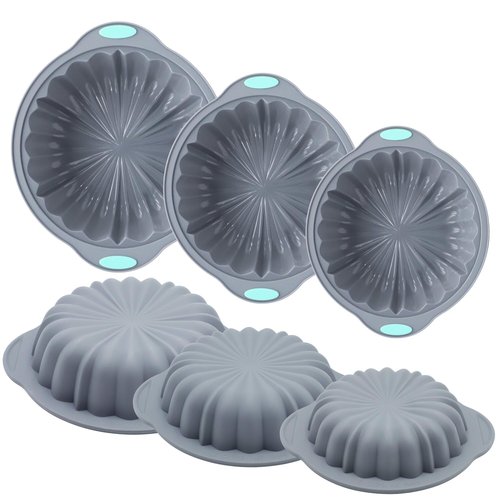 Jasybo 3-Piece Silicone Round Cake Pan Set, Metal-Frame Non-Stick Baking Trays, Jelly Molds, Non-Stick Grooved Cake Molds, Suitable for Breads, Meat Patties, Cakes, 5/7/9 Cups, Light Gray