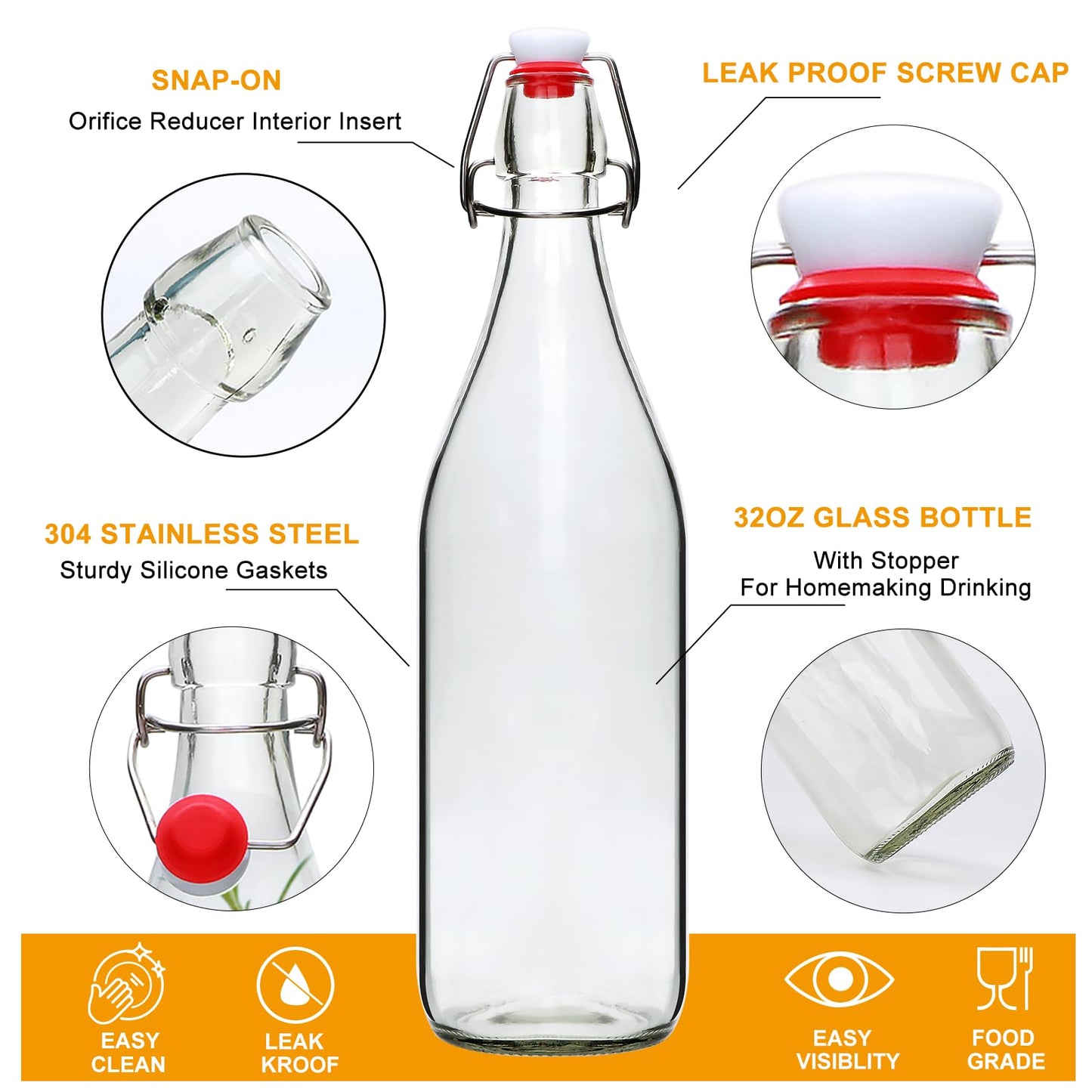 Woaiwo-q 8 Pack 32oz Swing Top Glass Bottles,Flip Top Brewing Bottle with Airtight Stopper Lids, for Juice, Water, Kombucha, Wine, Beer Brewing, Kefir Milk or Eggnog(Bonus Gaskets and Funnel)