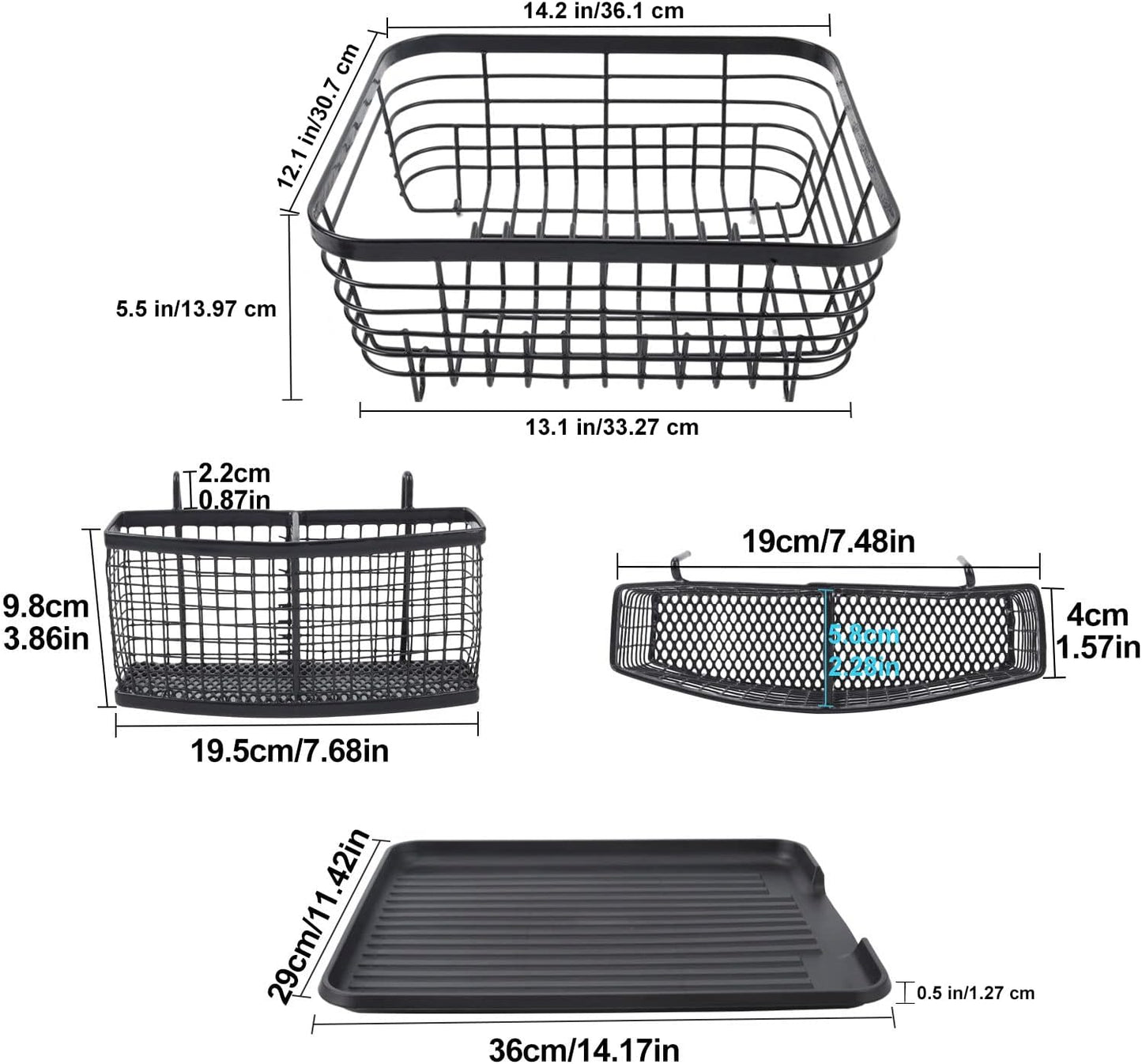 TQVAI Kitchen Dish Drainer Rack - Includes Drying Board & Full-Mesh Utensils Holder | Black