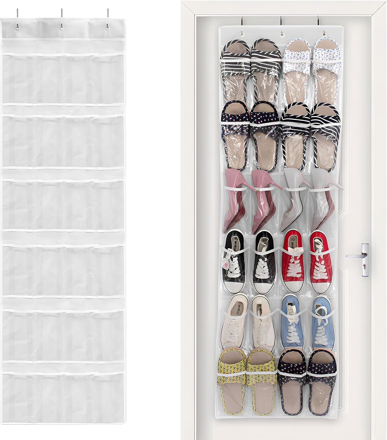 Skiennix 24-Pocket Over-The-Door Shoe Organizer - Large Hanging Rack with Mesh Pockets & 3 Hooks | White
