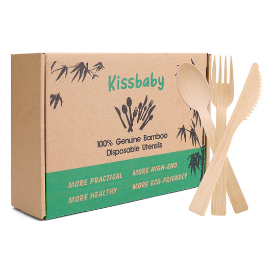 Bamboo Utensils -300 PK (100 Forks 100 Spoons 100 Knives) 6.7" Bamboo Compostable Forks Spoons Knives Disposable Bamboo Cutlery Set Biodegradable Eco Friendly Flatware Renewable Utensil