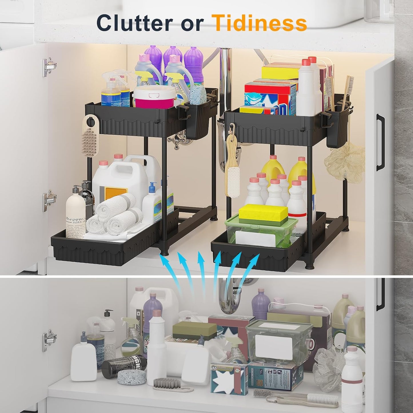 Sevenblue Under Sink Organizers - 2 Pack Multi-Purpose Pull-Out Cabinet Storage for Bathroom & Kitchen | Black