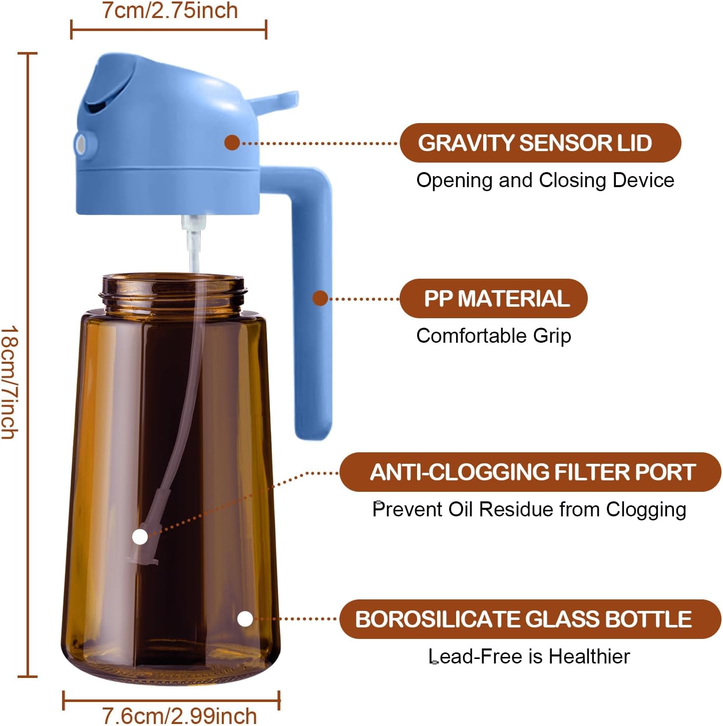 YARRAMATE 16oz Dark Brown Oil Sprayer - Food-Grade 2-in-1 Olive Oil Dispenser for Cooking & BBQ