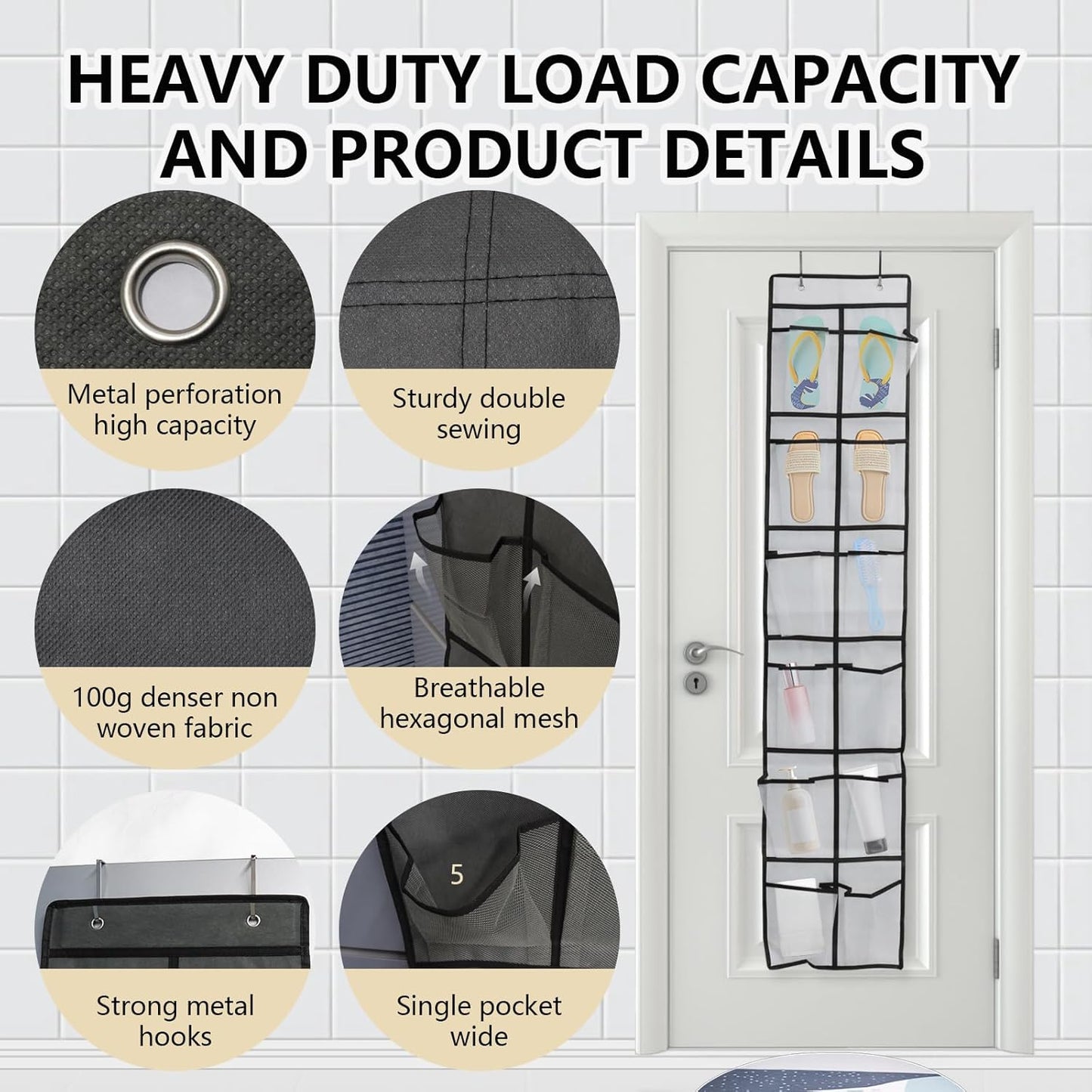 Over The Door Shoe Organizer - 12 Mesh Pockets With 4 Metal Hooks | Space-Saving Storage Solution (White)