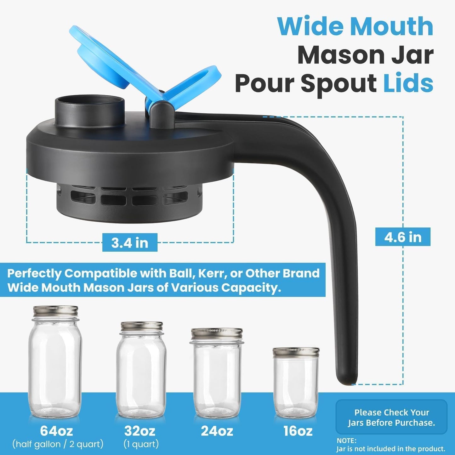 [UPGRADED LID] Wide Mouth Mason Jar Pour Spout Lids with Detachable Filters - 2 Pack Flip Top Pitcher Lids with Handle for Ball, Kerr & Others- Leak Proof Seal Cover Cap, Dishwasher Safe, Food Grade