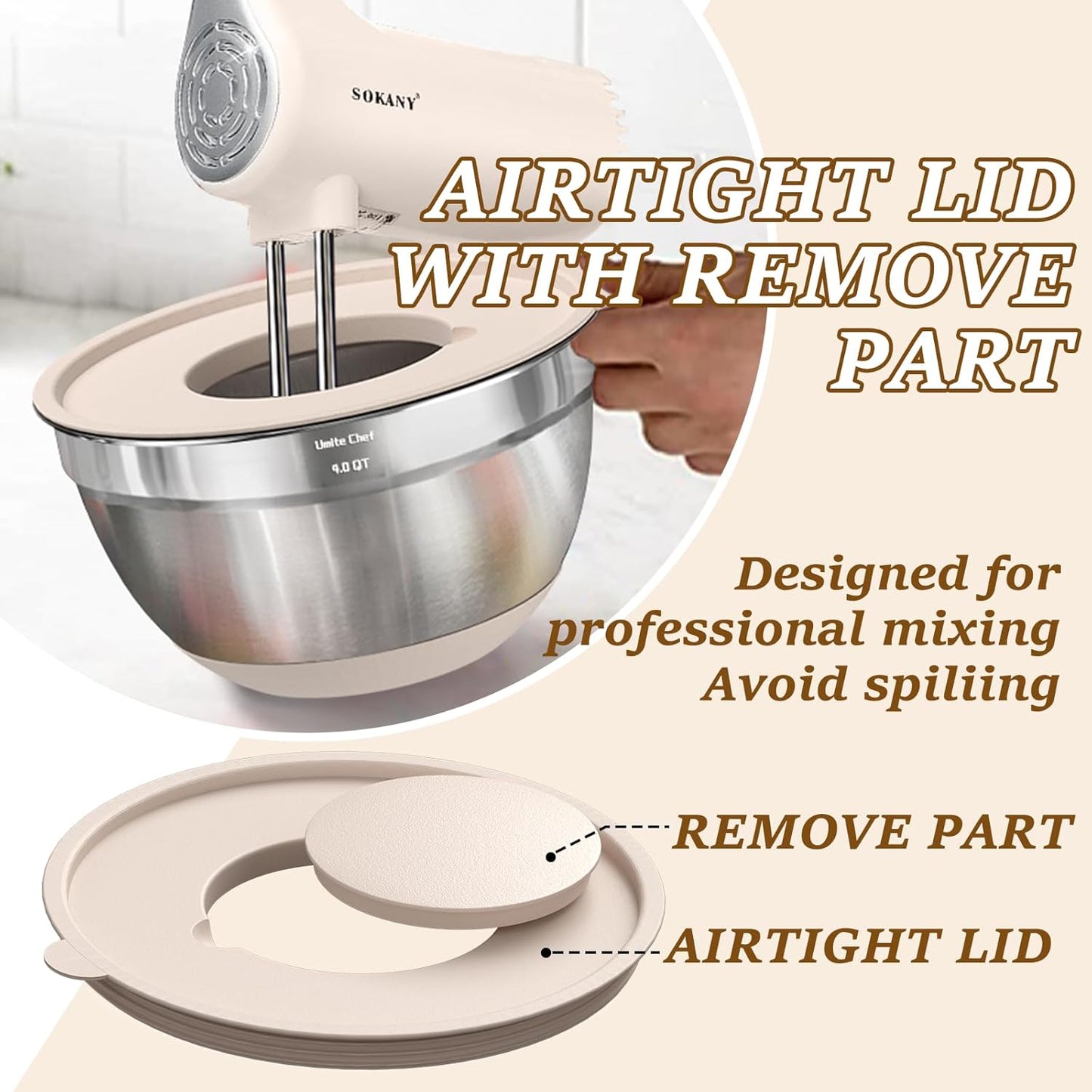 Umite Chef Mixing Bowls Set - 8PCS Stainless Steel Nesting Bowls with Airtight Lids & Grater | Non-Slip Bottoms, Khaki, 1.5QT to 5QT