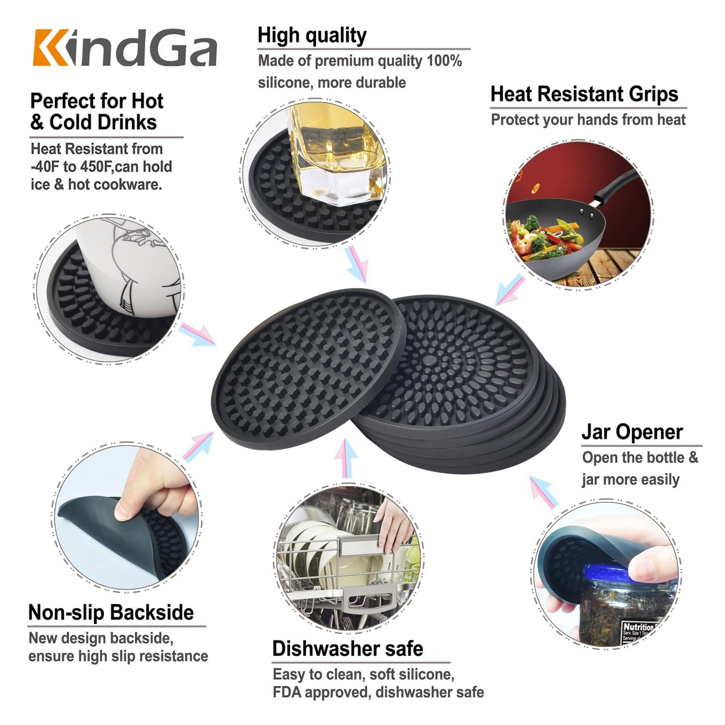 KindGa Coasters for Drinks Black, Absorbent Rubber Coaster Set, Silicone Drink Coasters for Large Mug/Cup/Bottle, Deep Tray 4.3 Inch Oval Shape Jar Opener Heat-Resistant Grips (Set of 8)