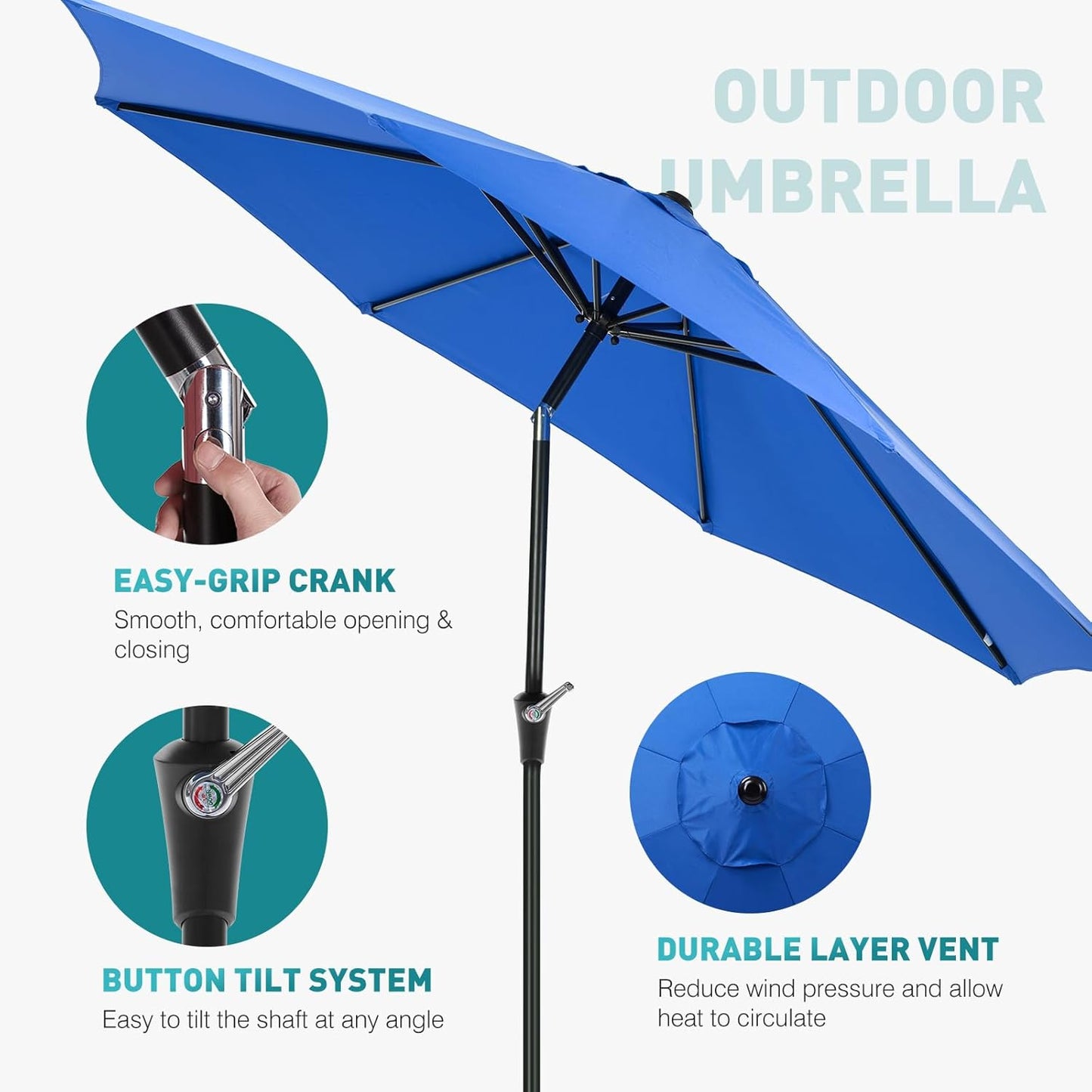OLIXIS 9ft Patio Umbrella - Waterproof with Tilt & Crank Button | Perfect for Poolside & Outdoor Use, Blue