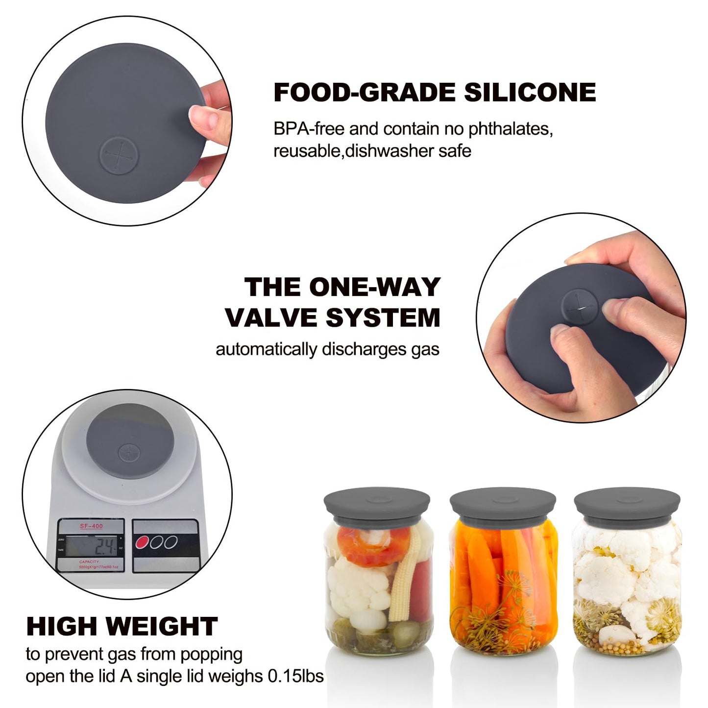 Kinggrand Kitchen Silicone Fermenting Lids Waterless Airlock Fermentation Tops Wide Mouth Mason Jar Lid Fermenter Caps for Pickles, Kimchi, and Fermented Probiotic Food 3 Pack Grey (Jars Not Included)