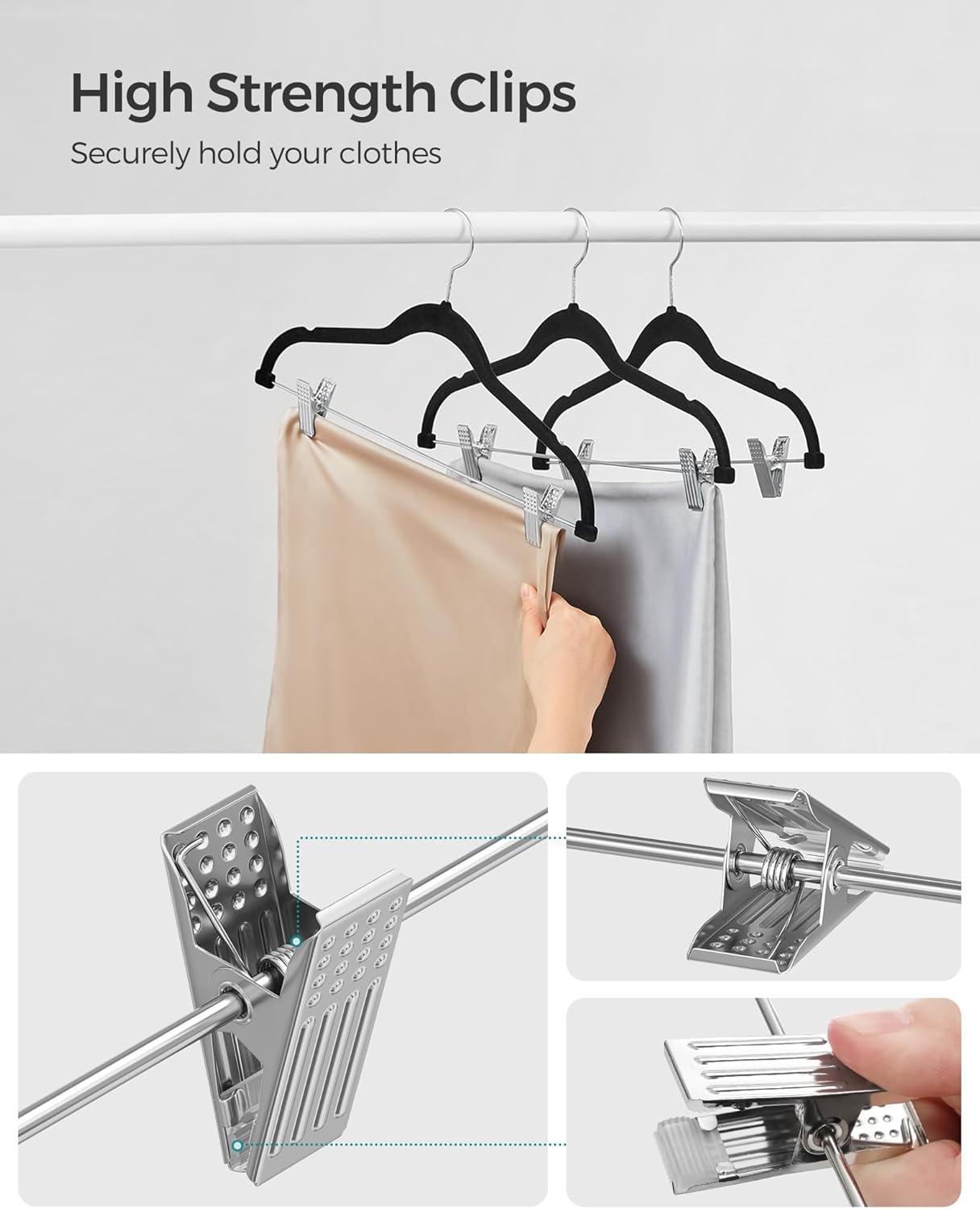 SONGMICS Velvet Pants Hangers - 50-Pack Adjustable Clips, Heavy-Duty Non-Slip Design, 16.7-Inch, Black