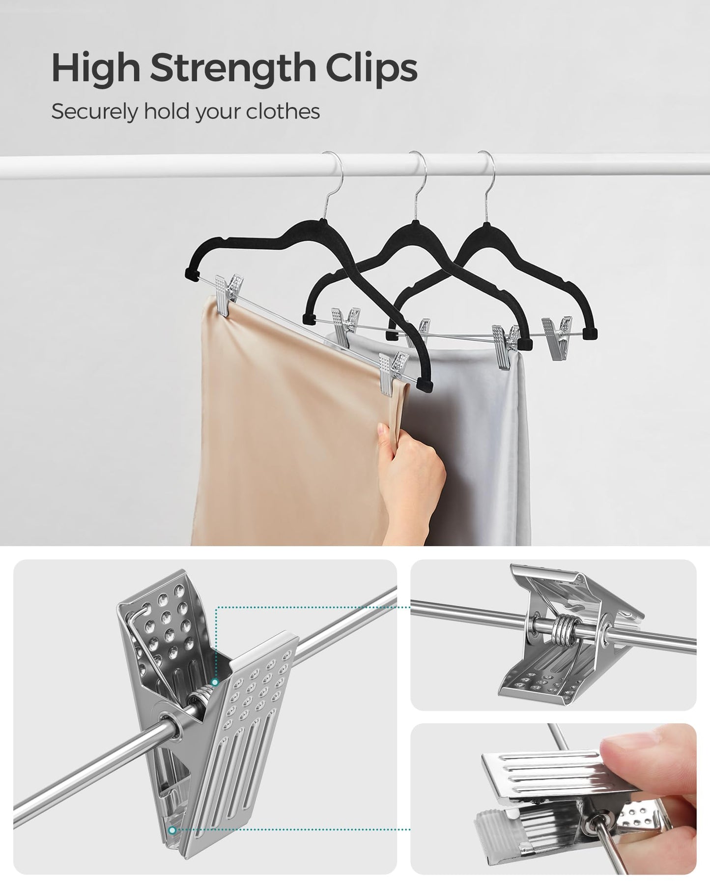 SONGMICS 30 Pack Pants Hangers, 16.7 Inches Long Velvet Trousers Hangers with Adjustable Clips, Heavy-Duty, Non-Slip, Space-Saving for Pants, Skirts, Coats, Dresses, Tank Tops, Black UCRF12B30