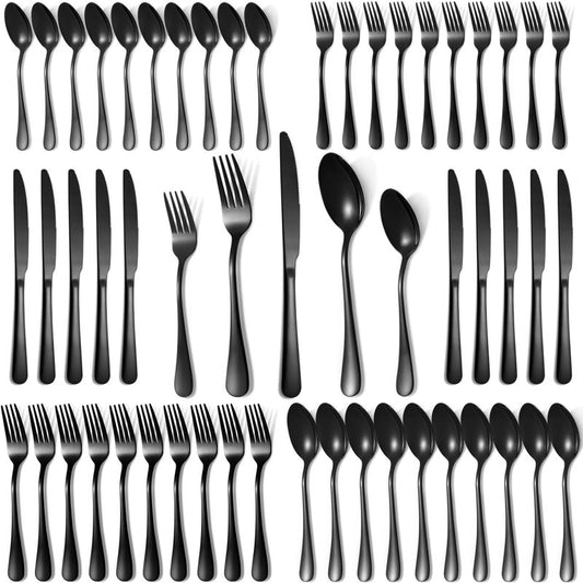 Lazycorner 50 Pcs Black Silverware Set for 10, Mirror Polished Flatware Set Stainless Steel Fork Knife Spoon, Food Grade Eating Utensils Sets, Reusable Silverwear Cutlery Set, Dishwasher Safe