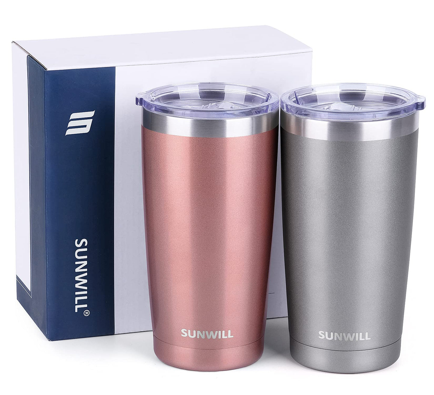 SUNWILL Travel Coffee Mug Set of 2, 20 oz Tumbler with Lid, Insulated Stainless Steel Cup for Water, Tea, Ice, Rose Gold & Cool Grey