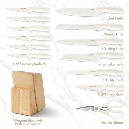 CAROTE 15-Piece Knife Set - Elegant White Ceramic-Coated Blades with Stylish Wooden Block for Modern Kitchens