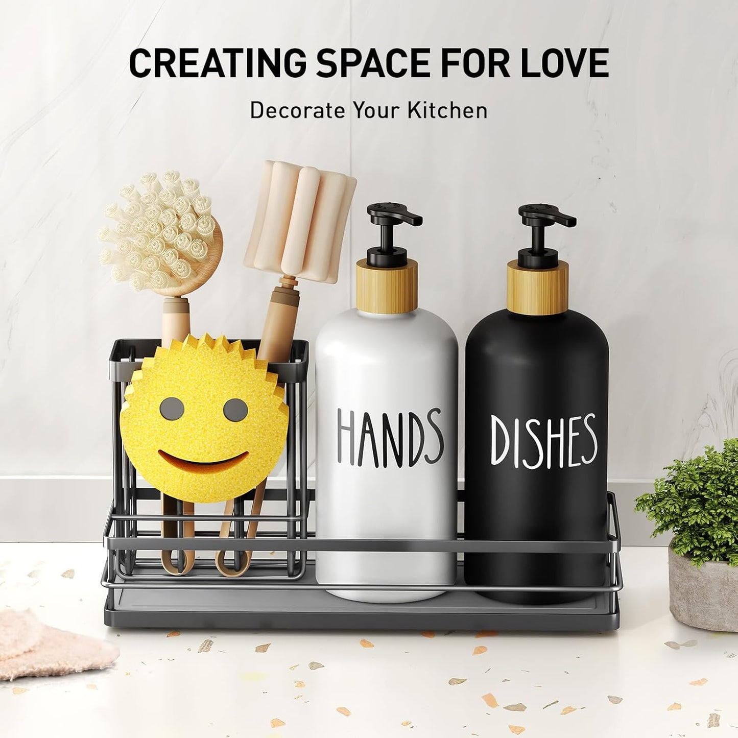 Moforoco Kitchen Dish Soap Dispenser Set - 16oz Glass Bottle with Non-Slip Silicone Pad & Brush Holder