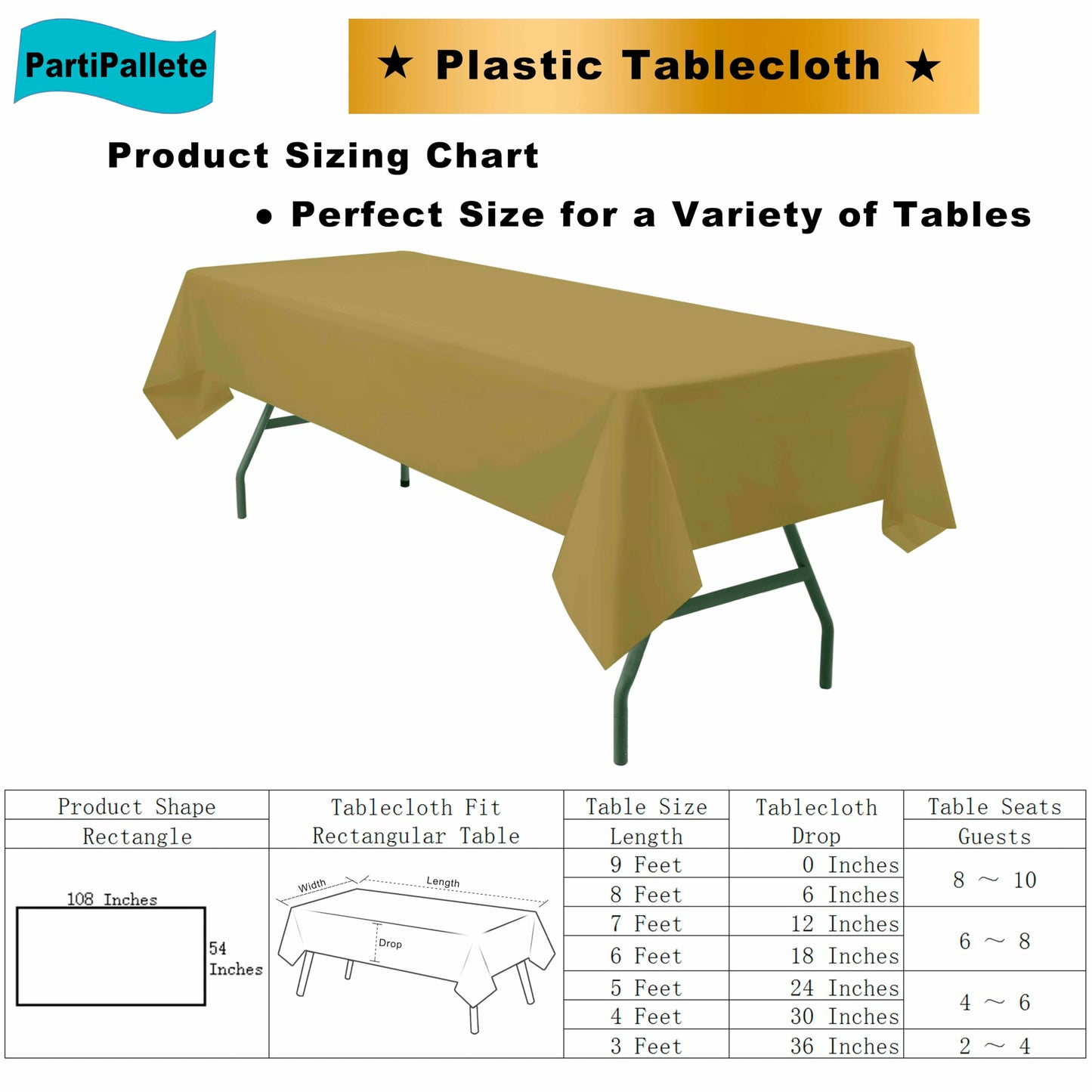 PartiPallete 3-Pack Premium Plastic Gold Tablecloth Disposable 54" x 108" Rectangle Table Cover Party PEVA Golden Table Cloths for Fall Parties Harvest Graduations Anniversary Thanksgivings Events