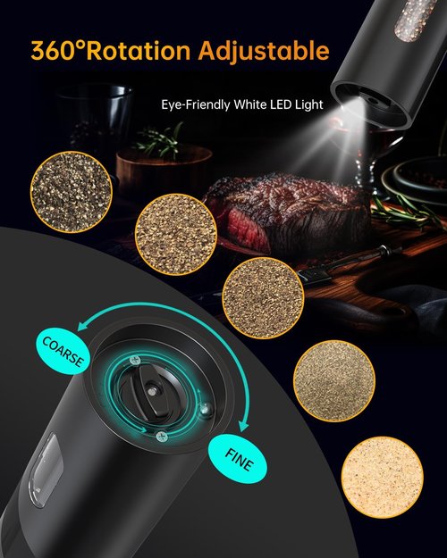 Circle Joy Electric Rechargeable Salt and Pepper Grinder Set - Automatic Mill with Adjustable Coarseness, LED | Easy-Fill Design for Home Kitchen