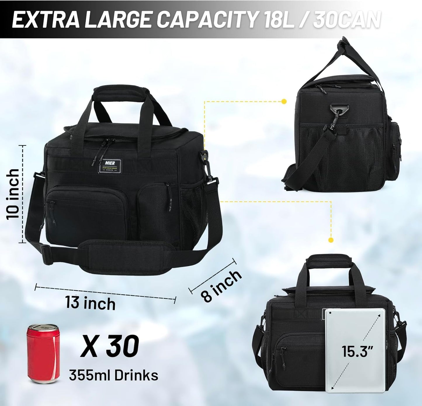 MIER Insulated Lunch Box - Large 30 Can Cooler Bag for Work, Travel & Camping | 18L, Black