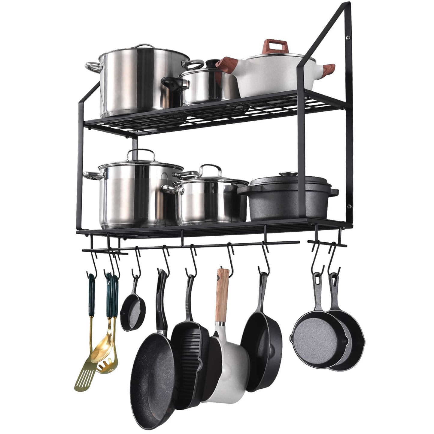 Hoooh 30-Inch Wall Mount Pot Racks - 2-Tier Pot Rack Pan Hanger for Kitchen Storage and Organization - Matte Black Cookware Hanging Shelves with 10 Hooks