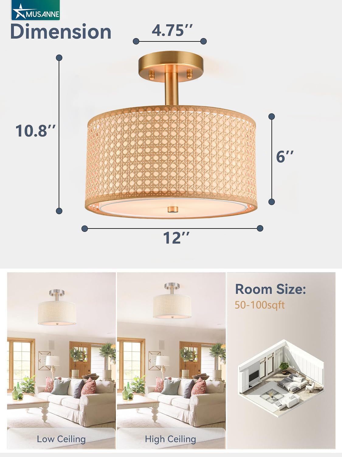 Semi flush mount ceiling light fixture for bedroom,Rattan & Fabric Double Drum Shade nursery Ceiling Light,Modern Close to Gold Ceiling Light Fixture for Entry Living Room Hallway Kitchen 3-Light