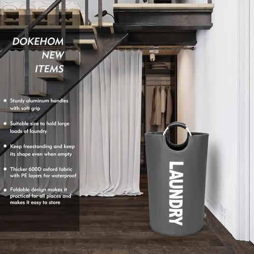 DOKEHOM Large Collapsible Laundry Basket - 95L Freestanding Hamper in Dark Grey