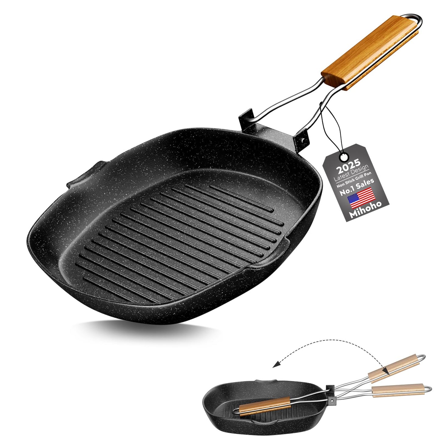Mihoho Nonstick Grill Pan, 9.5 Inch Large Grilling Skillet Steak Pan for Indoor Cooking, Steak & Bacon Pans for Stove Tops (9.5 in)