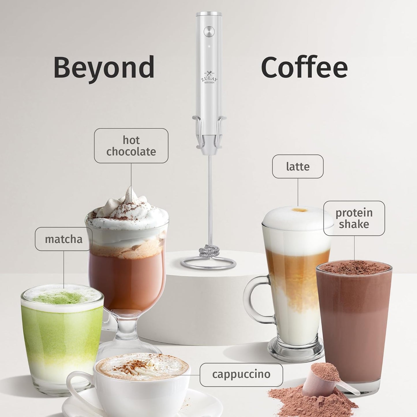 Zulay Kitchen Rechargeable Milk Frother - Powerful 2-Speed Motor & Waterproof Design - Snow White