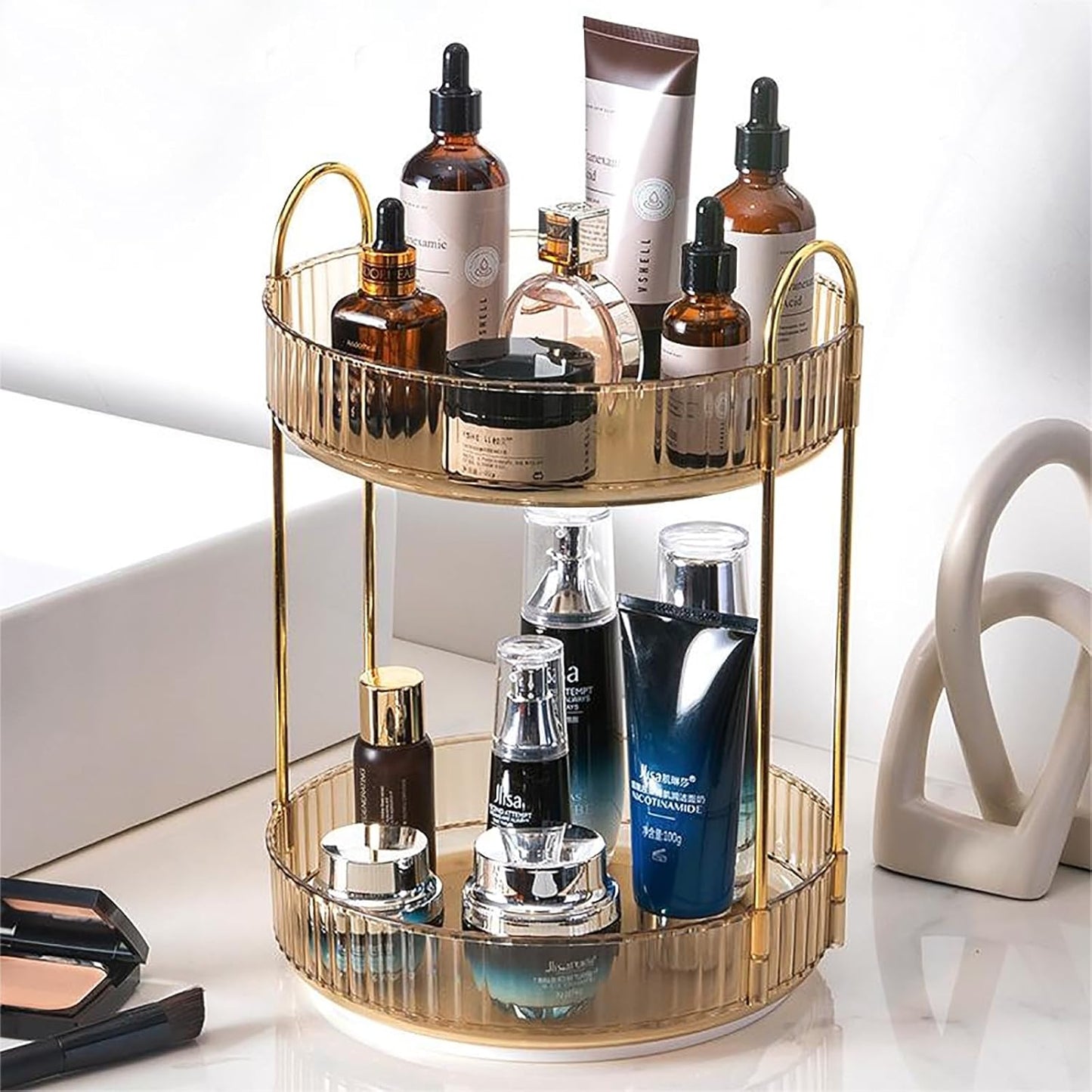 Skiennix Rotating Makeup Organizer - 2-Tier Clear Lazy Susan Trays for Bathroom & Vanity Storage