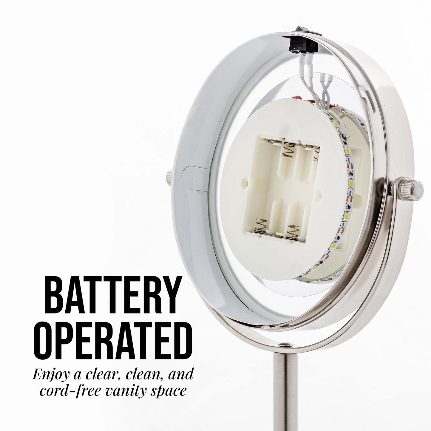 OVENTE 6" Lighted Makeup Mirror with 1X/7X Magnification, Cordless Tabletop Mount Vanity Round Mirror with 360° Swivel Design and Double Sided Cool Tone LED Ring Light, Nickel Brushed MLT60BR1X7X