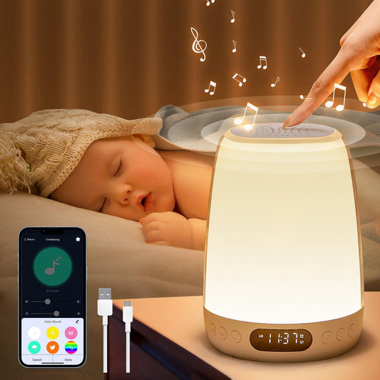 One Fire Sound Machine Baby Night Light for Kids, Bluetooth & 14 White Noise Kids Night Light, 48 RGB Colors Smart APP/Touch Night Light for Baby Nursery Night Light,Wake Up Alarm Clock for Kids Gifts