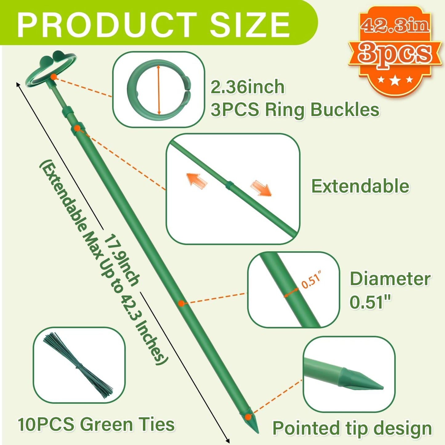Skiennix Extendable Plant Stakes - Adjustable 17.9" to 42.3" Support for Monstera & Climbing Plants | 3-Pack