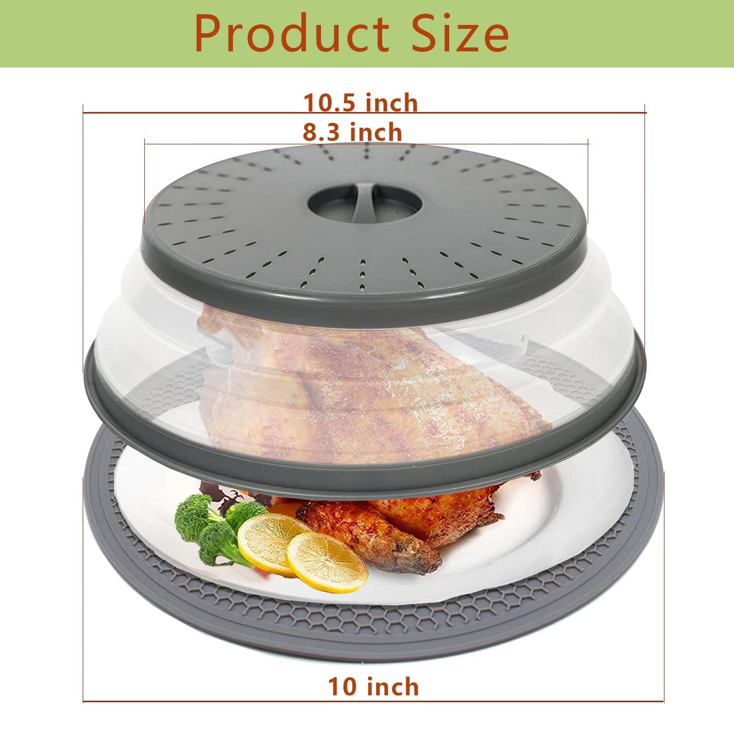 10.5" Microwave Splatter Cover for Food with 10" Mat, Collapsible & Vented Silicone Splatter Guard Lid with Handle Kitchen Gadget, Grey