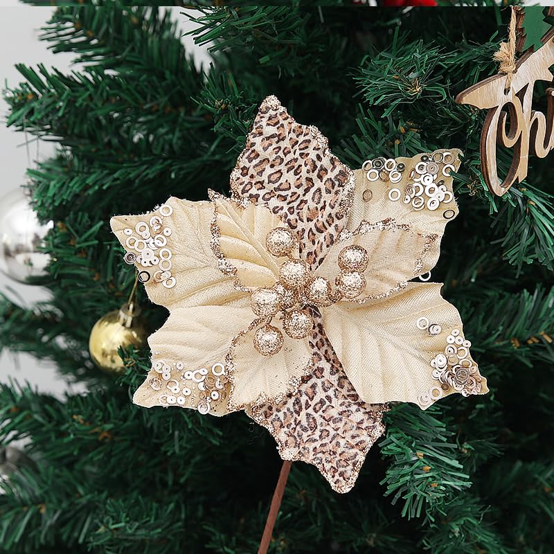 Tiecawk Gold Leopard Print Christmas Flowers 8.26 Inch, 8 Pieces Holiday Decor