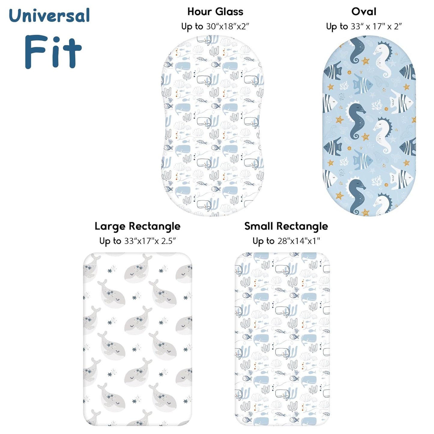 Yoofoss Bassinet Sheets - 3-Pack Fitted Sheets for Halo Bassinest & More | Soft Breathable Design (Blue & Seahorse)
