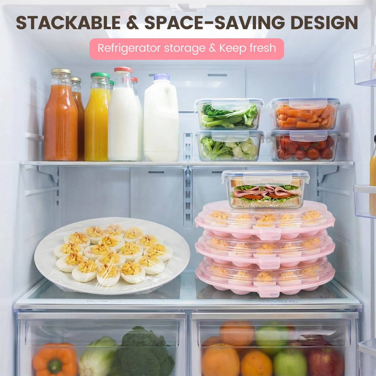 HANSGO Deviled Egg Containers with Lid, 3PCS Deviled Egg Platter Carrier Holder Trays with 66 Slots for Holiday Party and Home Kitchen, Pink