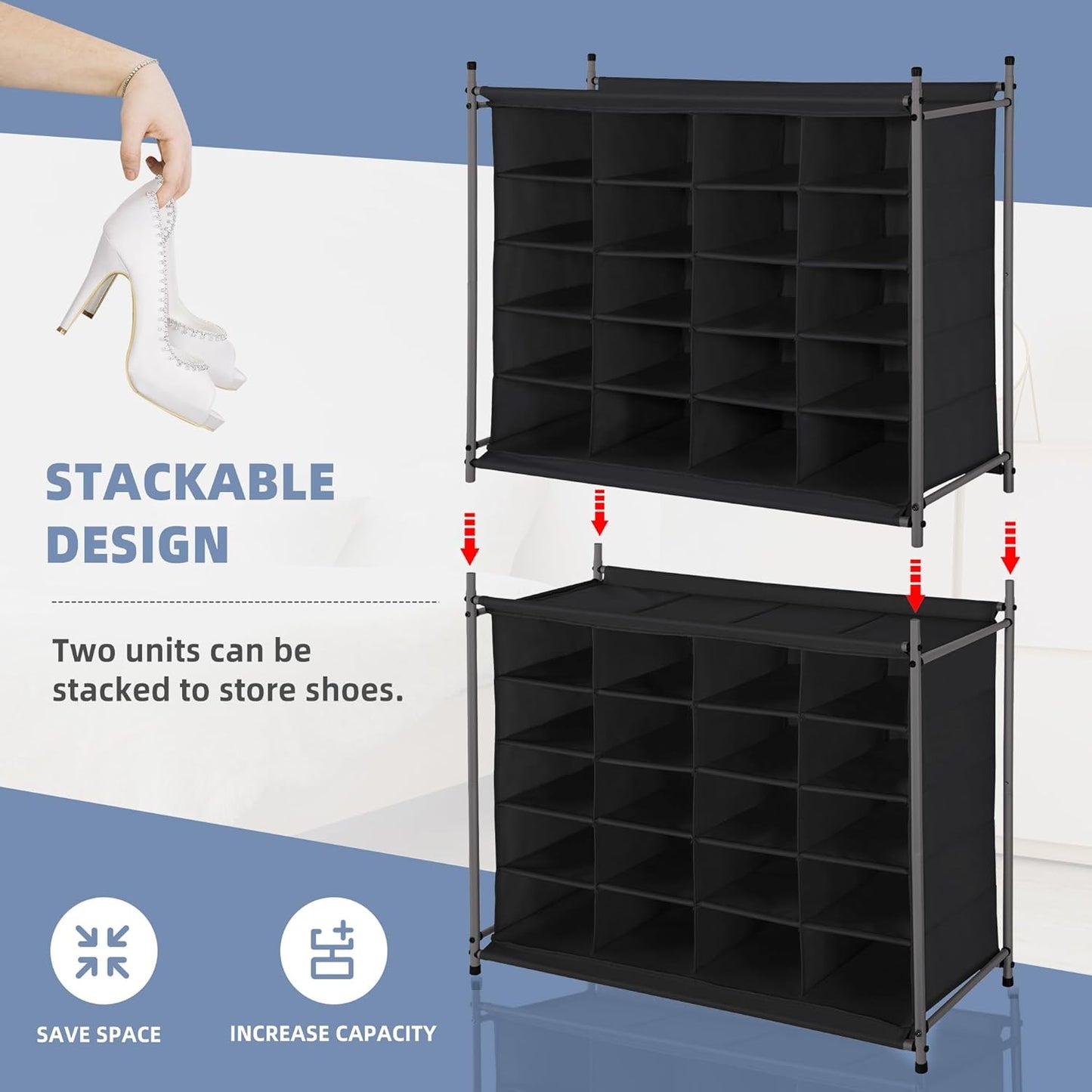 Storage Maniac Stackable Shoe Cubby Organizer - 20-Cube Free Standing Rack for Entryway & Bedroom