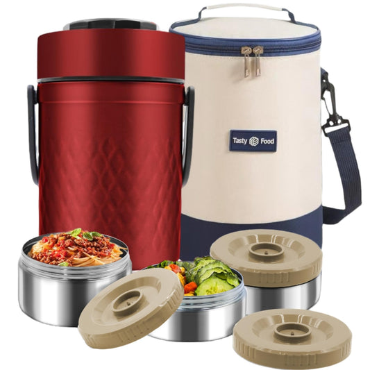YRPOMJV 67oz Thermos for Hot Food,3-Layer Sealed Stackable Food Thermos,with Lunch Bag Soup Thermos Wide Mouth,It Is Suitable for Daily Office Meals, and Outdoor Meals (Red+Navy Insulated Bags)