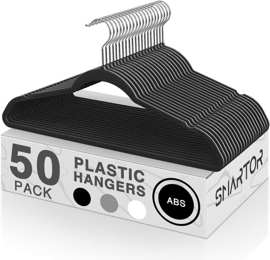 SMARTOR Heavy Duty Plastic Hangers - 50 Pack Slim Non-Velvet Clothes Hangers with 360° Swivel Hook | Black