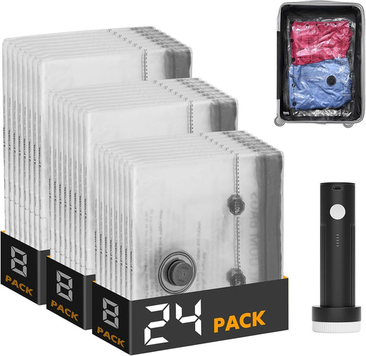 SpaceAid Travel Vacuum Bags - 24 Pack Compression Bags with Electric Pump for Luggage & Clothing